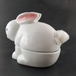 Vintage Ceramic Rabbit Trinket Dish Figurine and Cotton Ball Dispenser Vanity